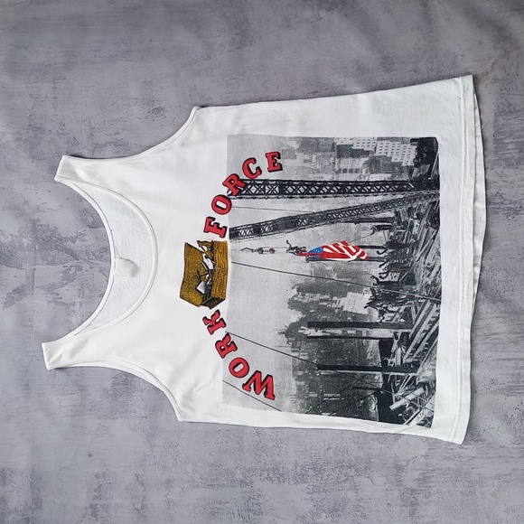 VINTAGE 90s Work Force Steel Workers Big Print Muscle Shirt - Picture 1 of 7